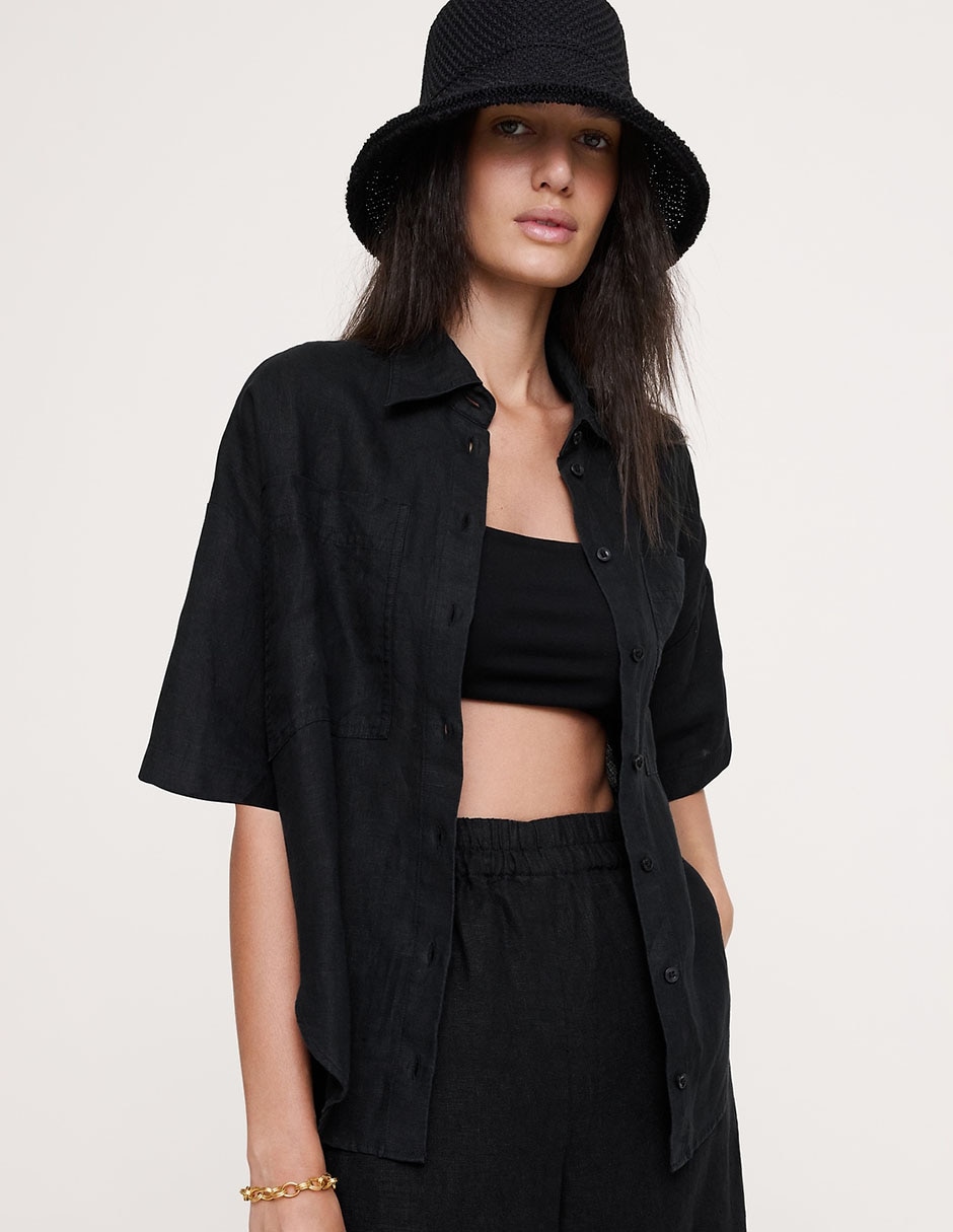 Camisa de lino manga al codo para mujer